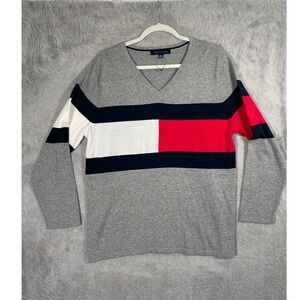 Tommy Hilfiger Gray V-Neck Long‎ Sleeve Sweater Mens XL Color Block Preppy Lux